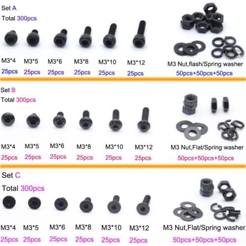 High-quality 300pcs/set M3 Black alloy Steel Allen Screws Bolt With Hex Nuts Washers Assortment