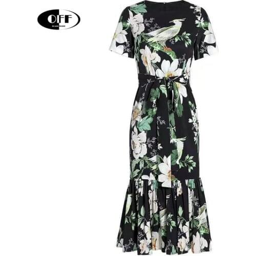 Designer Summer Lady Mermaid Dress Short Sleeve Bow Floral Elegant Black Bodycon Vacation Beach Chic Dresses For Women vestidos