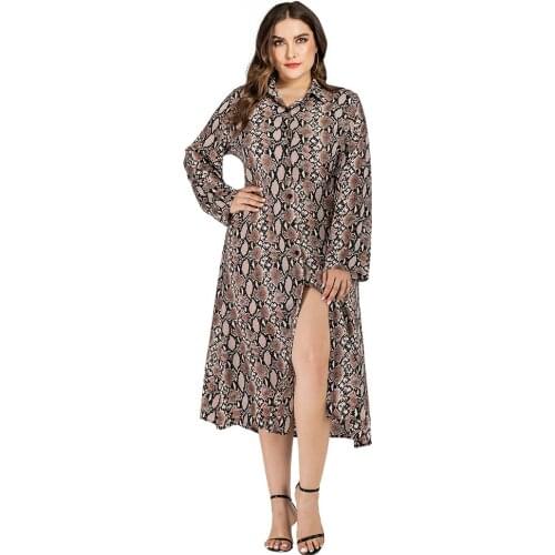 Plus Size Women Dress Fashion Lapel Snakeskin Pattern Long Casual Print Split Long Sleeve Dress Plus Size Clothing for Ladies