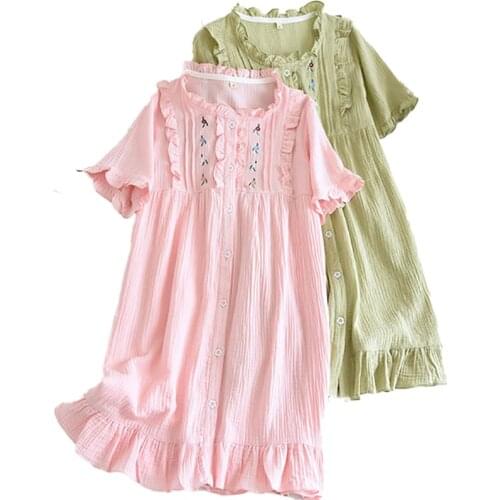 Spring Summer Women Cute Sweet Robe Round Collar Pink And Green Solid Color Soft Gauze Cotton tNightdress Ladies SweeSleep Dress