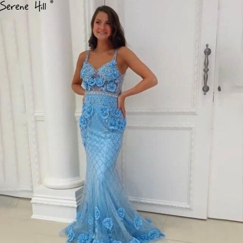 Blue Mermaid Sexy Evening Gowns for Women 2020 Sleeveless Flowers Beading V-Neck Formal Dress Women Elegant Design BLA70719