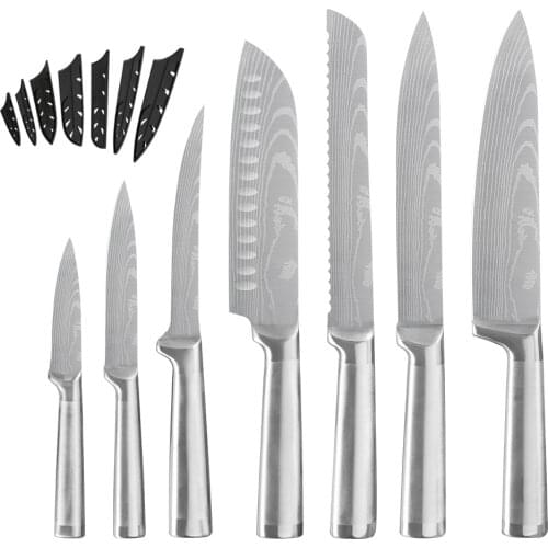 1-7PCS kitchen knives Set Laser Damascus pattern chef knife Sharp Santoku Cleaver Slicing Utility Knives