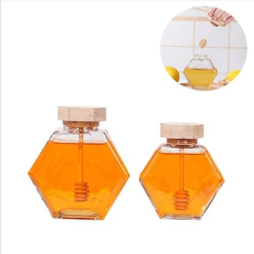 220ML Glass Honey Jar Hexagonal Honey Bottle Container Pot With Wooden Honey Stick Spoon Home Kitchen Tools