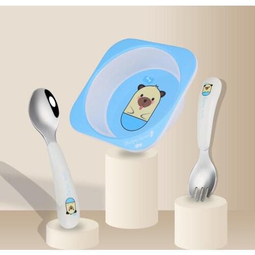 3pcs Stainless Steel Cartoon Pattern Children Cutlery Set Infant Bowl Fork Spoon Dinnerware Cutlery Tableware Set Kitchen Tools