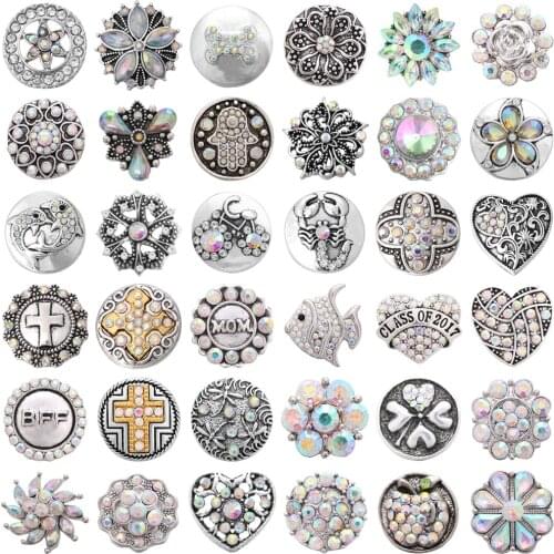 5pcs/lot New 39 Style Snaps Jewelry 18mm Metal Rhinestone Snap Button Jewelry AB Colorful Buttons Fit Snap Bracelet DIY Charms
