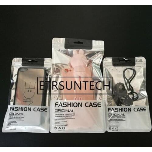 500pcs clear/silver seal zipper plastic bag pack retail packaging bags for cellphone phone case package with hang hole