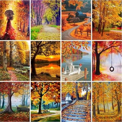 5D Diamond Painting Tree Fall Full Square/Round Rhinestone Scenery Autumn Diamond Mosaic Full Layout Cross Stitch Home Decor