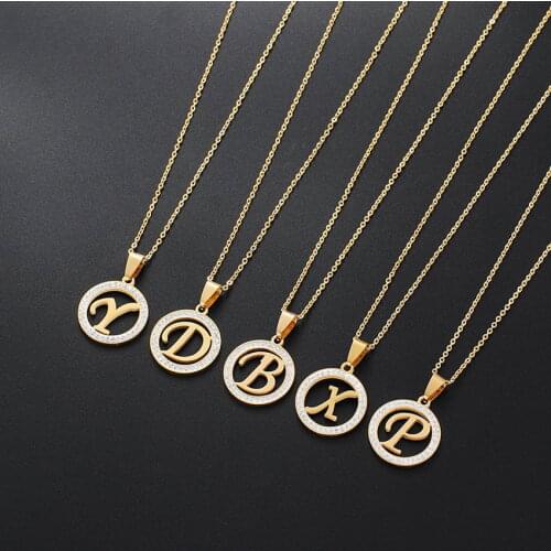Delicate Paved CZ Crystal Circle 26 Letters Initial Necklace for Women Fashion Choker Stainless Steel Necklace Jewelry Wholesale