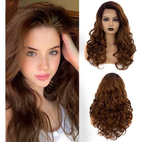Long Wavy Synthetic Lace Front Wigs Ombre Brown Wigs For Black Women Heat Resistant Fiber Daily Cosplay Wigs T Part Scheherezade