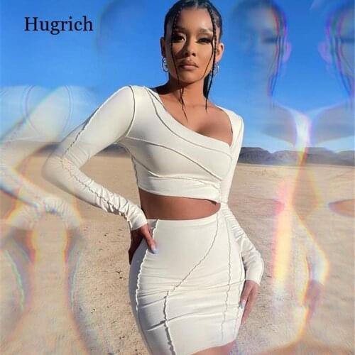 2021Summer Skirt Suit Tight-fitting Fashion High-waist Sexy Skirt Long-sleeved Bevel Striped Irregular Navel T-shirt Tight Skirt