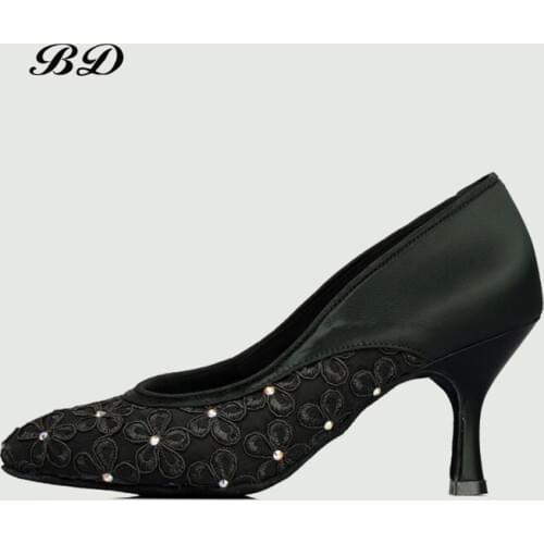 Factory Outlet Top Dance Shoes Ballroom Women Latin Shoes BD 188 Jazz Modern SATIN Black Flower Drill High 7.5 CM Heels Girl HOT