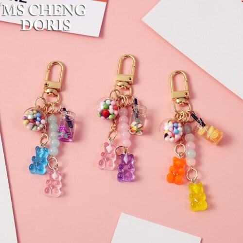 Bear Key Chain Cute Resin Gummy Fruits Wishing Bottle Candy Color Animal Charms Girls Jewelry Pendant Key Ring For Gift