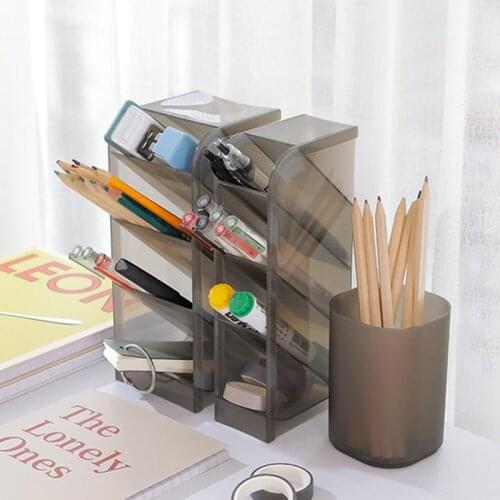 Multi-function 4 Grid Desktop Pen Holder Office School Storage Case Clear White Black Plastic Box Creative Pen Pencil Organizer