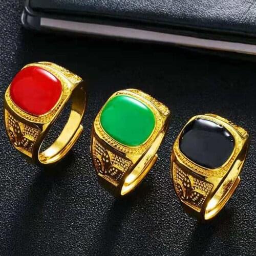Imitation Gemstone Men Ring 24K Gold Plated Rings for Men Square Flower Anniversary Engagement Wedding Rings Trendy Jewelry Gift