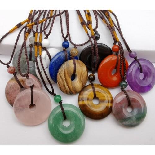 Natural Crystal Lapis Labradorite Tigereye Stone Carved Safety Button Pendant Necklace Adjustable Nylon Rope Braid Jewelry