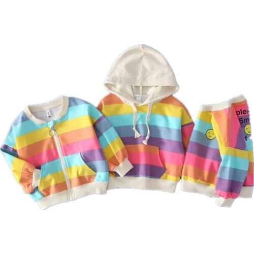2019 New Baby Boys Girls Sweater Coat Children Rainbow Striped Top Kids Long Sleeve T-shirt Hooded Sweater Zip Cardigan 3 Models
