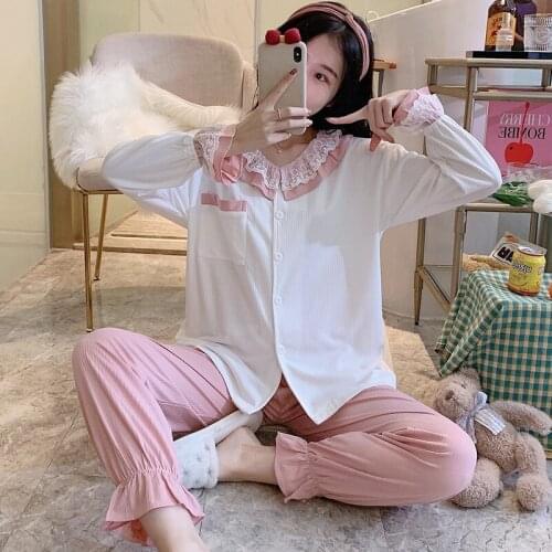2021 Autumn Cute Lace Princess Cotton Long Sleeve Pajama Sets for Women Sleepwear Suit Pyjama Homewear Pijama Mujer Home Clothes