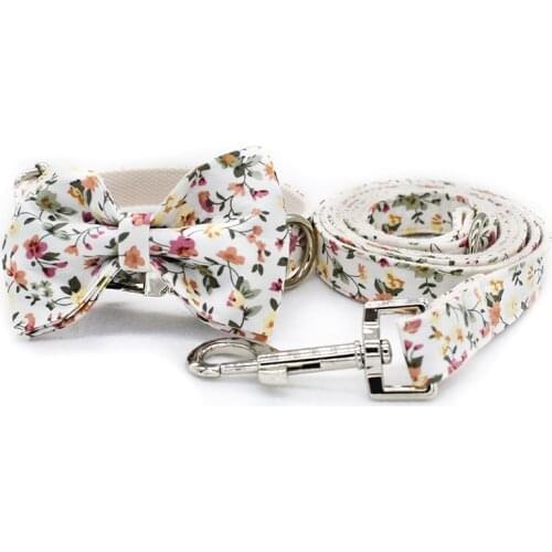 White Flower Dog Collar And Leash Set With Bow Tie Personal Custom Adjustable Pet Puppy 100% Cotton Dog Party Gift