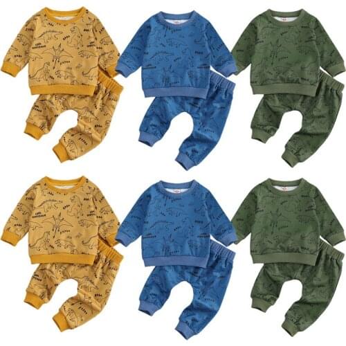 Pudcoco Toddler Baby Boys 2 Pcs Clothes Cartoon Dinosaur Round Neck Long Sleeve Sweatshirts + Long Pants Sets 0-24 Months