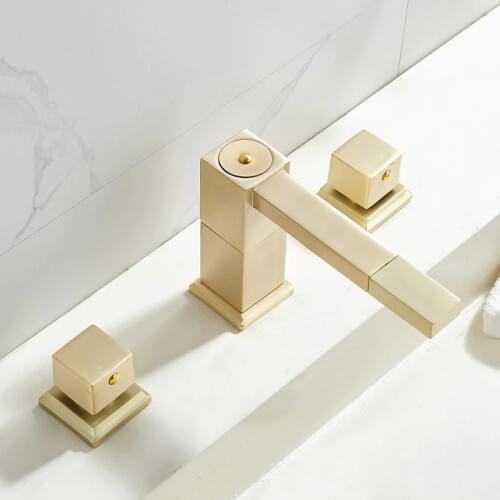 Basin Faucet Brushed Gold Brass Bathroom Sink Faucet 3 Hole Widespread Basin Mixer Double Handle Hot Cold Water Tap New Arrival