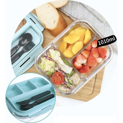 Glass Lunch Box Microwavable Bento Box Silica Gel Lid Compartments Leakproof Food Storage Container For Food Snack