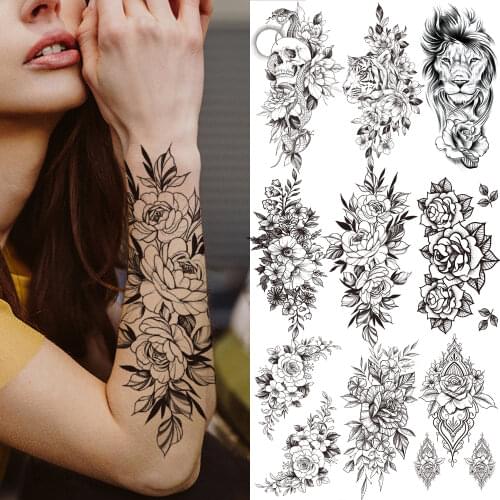 Black Peony Flower Temporary Tattoos For Women Girls Fake Skull Lion Tiger Tattoo Sticker Sexy Rose Body Art Painting Tatoos Arm