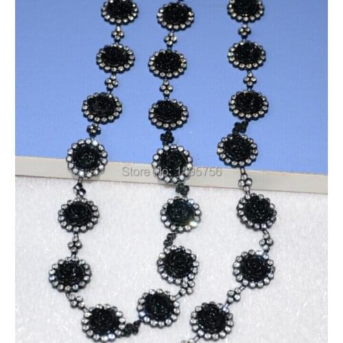 Factory directl!Crystal Rhinestone black Shell Flower Venise Lace Chain Costume Applique Embellishment Ribbon Sew On bridal Trim