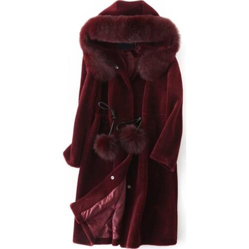 Sheep Shearing Coat Women Winter Warm Genuine Wool Jacket Female Hoody Real Fox Fur Collar Long Parka Mujer LX2471