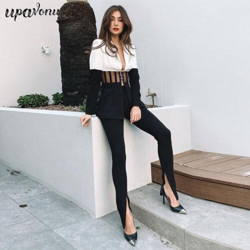 Free Shipping 2021 New Chic Color Block Two Piece Set Striped Voile Splicing Sexy Deep V Neck Club Party Blazer&Pants Suit