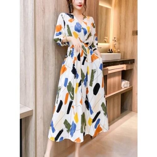 2021 New Summer Vintage A Line Loose Retro Elegant Printing Long Bandge Dresses Vestidos