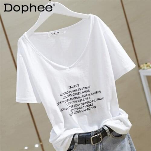 2021 Summer New V-neck 100% Cotton T-shirt Top Women Letter Printed All-Matching Short Sleeve Bottoming Basic Tees White T Shirt