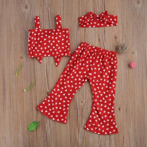 2021 Fashion 2-4Y Kids Baby Girl Clothing Summer Sweet Hearts Print Tube Top+Flare Pants+Bow Headband Slim Red 3pcs Set