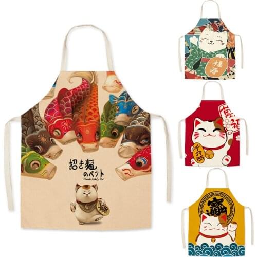Cat Kitchen Aprons for Women Cotton Linen Bibs Household Cleaning Pinafore Home Cooking Apron 75x65cm 56x45cm