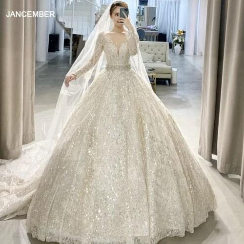 HTL1589 Sequine Sexy Deep V-Neck Custom Made Wedding Dress 2020 Beaded Belt Long Sleeve Ball Gown robe de mariée dentelle