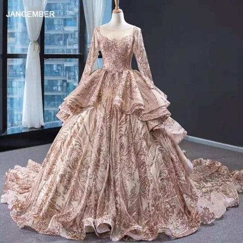 J67017 jancember ball gown in Wedding&Events o neck floor length tiered pattern with gold long evening dress выпускные платья