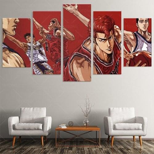 Canvas Oil Painting 5 Pieces Cartoon the Slam Dunk Wall Art Printed on Poster for Kids Room Home Modern Decor with Frames