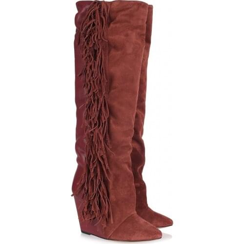 Hot Selling Black White Suede Leather Tassel Knee High Boots Wedge Heel Women Fringe Winter Snow Boots Free Ship