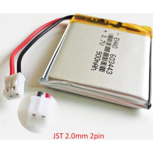 3.7V 900mAh battery with JST 2.0mm 2pin connector Lithium Polymer Li-Po Rechargeable Battery 603443 Cell For Mp3 GPS PSP Speaker