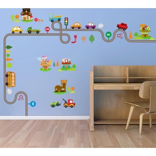 Cartoon car road track creative wall sticker for kids rooms nursery childrens room decor on the wall car decals Child gift