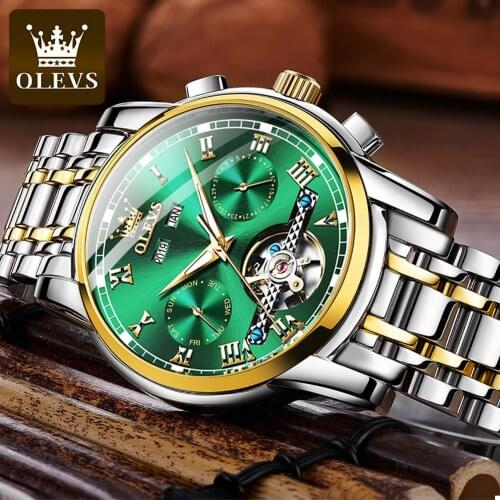 OLEVS 2021 Brand Mechanical Mens Sports Watch Automatic Date Week Green Fashion Stainless Steel Waterproof Classic Watch 6607