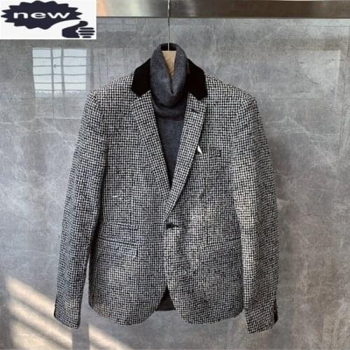 Winter England Style Plaid Slim Blazer Men Single Button Lapel Casual Suit Jacket Fashion Office Full Sleeve Formal Outerwear