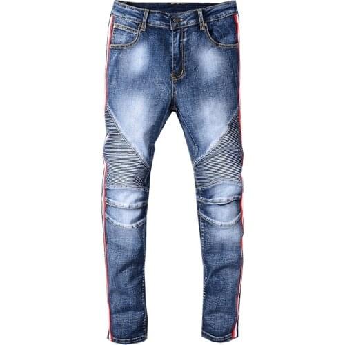New mens male trousers European autumn new style youth edging slim-fit jeans mens folds riding motorcycle denim pants
