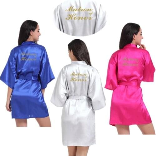 Wholesale Matron of Honor Letter Gold Glitter Women Solid Satin Kimono Bridesmaid Robes For Wedding Party Sleepwear Bathrobes T7