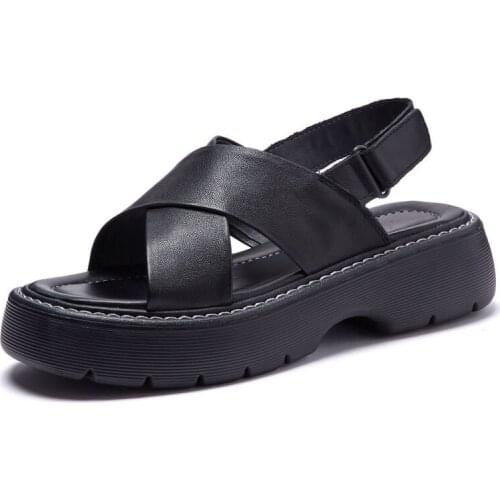 Brand Fashion Women Sandals 2021 New Thick Bottom Cross Genuine Cow Leather Flat Sandals Ladies Summer Casual Platform Sandals