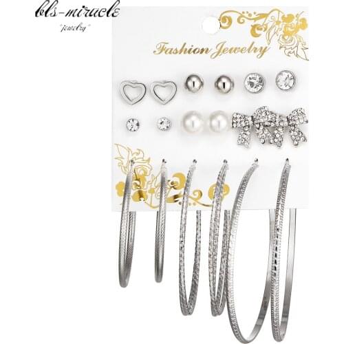 Bls-miracle 1set=9pair jewelry alloy silver color Simulated Crystal Pear Bow shape stud Earring best wholesale E495