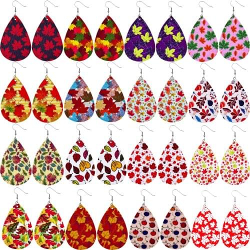 Thanksgiving Series Maple Leaf Fallen Leaves Graffiti Series Earrings Female Pu Double-sided Print Drop-shaped Female Wholesale
