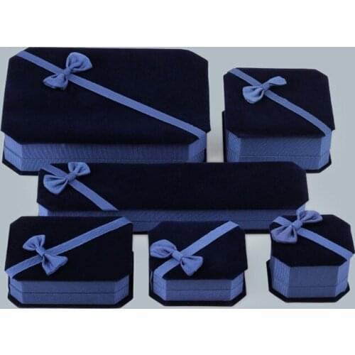 100PCS/LOT Accept Customized LOGO Blue Velet Jewelry Box With Ribbon Bow Ring Necklace Display Box