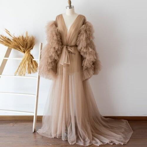 Sexy Tulle Maternity Robes See Through Sheer Ruffled Tulle Dresses For Photography Photoshoot Fluffy Formal Event Overlay Dress