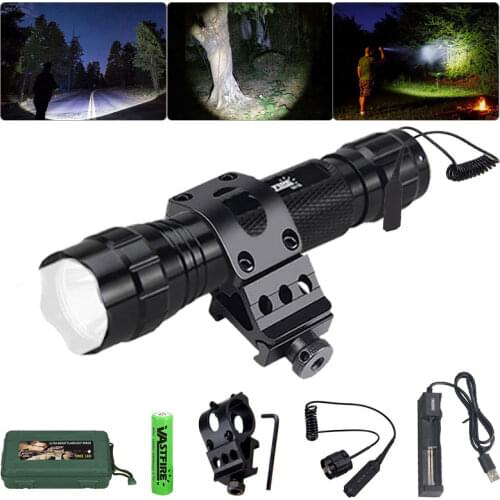 501B XM-L T6 LED Weapon Gun Light 500 Yards RechargeableTactical Hunting Flashlight+Mount+Remote Switch+18650+Charger+Box