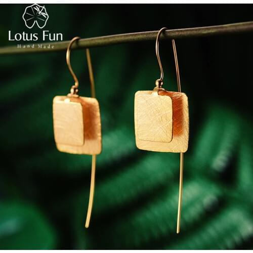 Lotus Fun Real 925 Sterling Silver Natural Original Handmade Fine Jewelry Vintage Unique Square Drop Earrings for Women Brincos